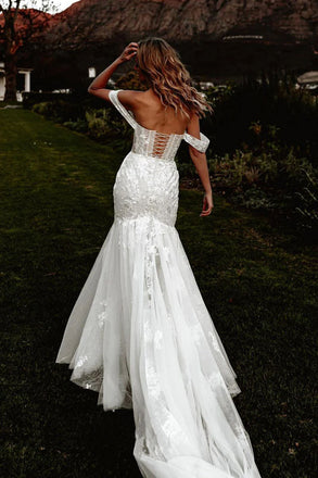 Mermaid Off the Shoulder Lace Wedding Dress, Tulle Wedding Brial Gowns with Lace Up OW0099