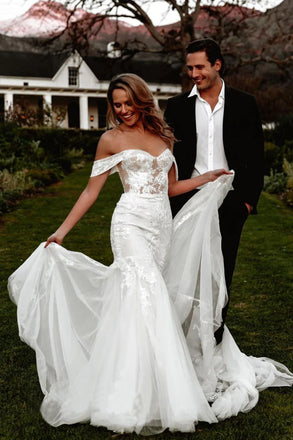 Mermaid Off the Shoulder Lace Wedding Dress, Tulle Wedding Brial Gowns with Lace Up OW0099