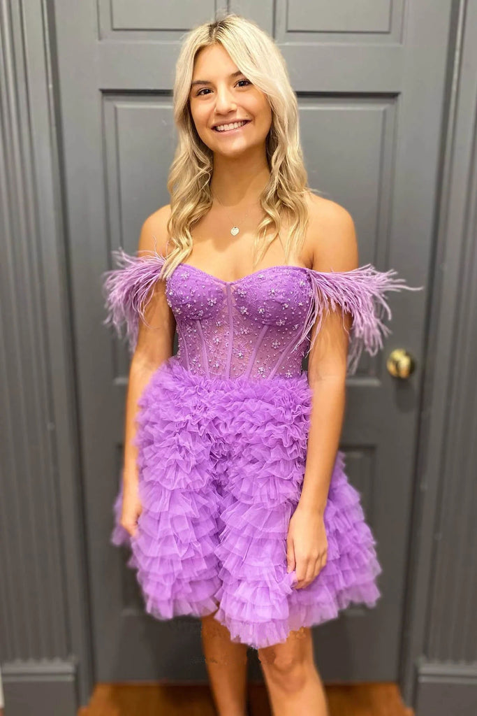 Off the Shoulder Lavender Tulle Beads Tiered Short Homecoming Dress, Mini Party Dress OMH0252