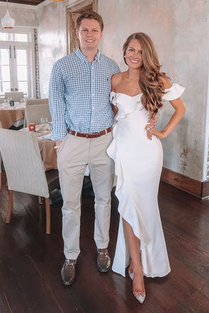 White Mermaid Off the Shoulder Long Prom Dresses, Slit Evening Formal Dresses OM0224