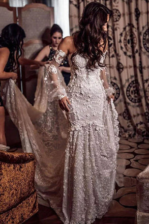 Charming Off The Shoulder Mermaid Lace Long Sleeves Sweetheart Wedding Dresses OW0094