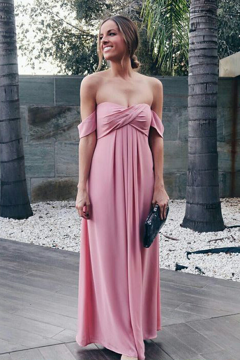 Simple A line Off the Shoulder Chiffon Pink Prom Dress with Ruffles Bridesmaid Dress OM0158