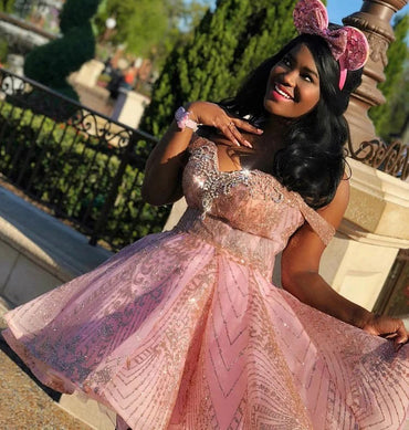 Pink Off the Shoulder Sweetheart Sequins Short Prom Dresses, Homecoming Dresses OMH0249