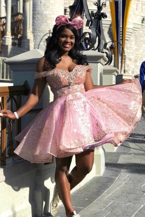 Pink Off the Shoulder Sweetheart Sequins Short Prom Dresses, Homecoming Dresses OMH0249