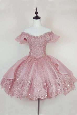 Puffy Pink Lace Homecoming Gowns With Beading, Off The Shoulder Hoco Dress OMH0258