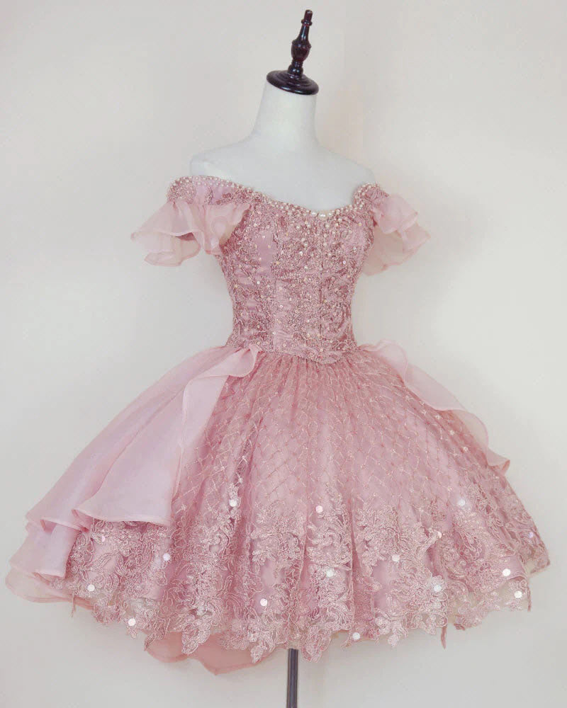 Puffy Pink Lace Homecoming Gowns With Beading, Off The Shoulder Hoco Dress OMH0258