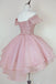 Puffy Pink Lace Homecoming Gowns With Beading, Off The Shoulder Hoco Dress OMH0258