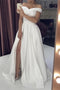 Elegant A Line Satin Off the Shoulder Leg Slit Wedding Gown Dresses, Bridal Dress OW0054