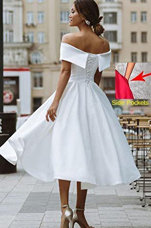 Simple A line Off the Shoulder Satin Off White Short Prom Dress, Homecoming Dress OMH0042