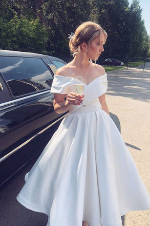 Simple A line Off the Shoulder Satin Off White Short Prom Dress, Homecoming Dress OMH0042