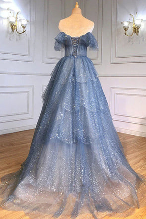 A Line Blue Sequins Off the Shoulder Layered Prom Dresses, Tulle Quinceanera Dresses OM0291