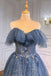 A Line Blue Sequins Off the Shoulder Layered Prom Dresses, Tulle Quinceanera Dresses OM0291