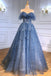 A Line Blue Sequins Off the Shoulder Layered Prom Dresses, Tulle Quinceanera Dresses OM0291
