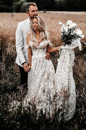 A Line Off The Shoulder Lace Appplique Beach Wedding Dress with Tulle, Bridal Dress OW0097