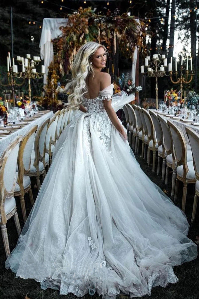 Rustic A Line Off The Shoulder Lace Appliques High Split Wedding Dress Bohemain Bridal Dress OW0102