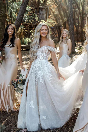 Rustic A Line Off The Shoulder Lace Appliques High Split Wedding Dress Bohemain Bridal Dress OW0102