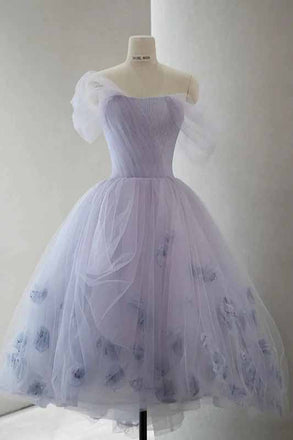 Off the Shoulder Lavender A Line Tulle Short Prom Dresses, Graduation Dresse with Flowers OMH0162