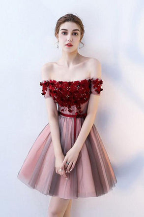 A Line Tulle Red Off the Shoulder Homecoming Dress with Appliques Flowers Mini Dress OMH0139