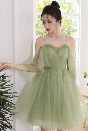 New Arrival A line Spaghetti Straps Green Tulle Homecoming Dresses for Teens Girls OMH0040