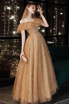 Charming A line Off the Shoulder Tulle Long Prom Dresses Lace Formal Dresses OM0128
