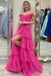 Sparkly Off the Shoulder Pink A line Tulle Tiered Prom Dresses With Slit, Formal Dresses OM0172