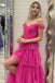 Sparkly Off the Shoulder Pink A line Tulle Tiered Prom Dresses With Slit, Formal Dresses OM0172