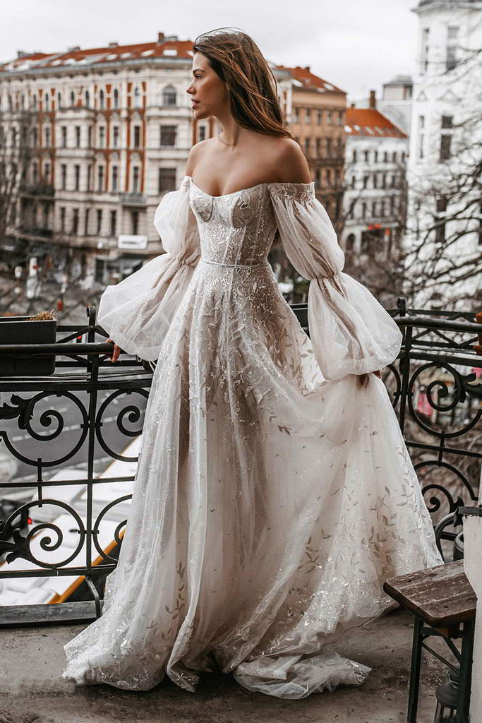 Charming A Line Tulle Ivory Long Sleeves Off the Shoulder Wedding Dresses, Boho Wedding Gowns OW0069