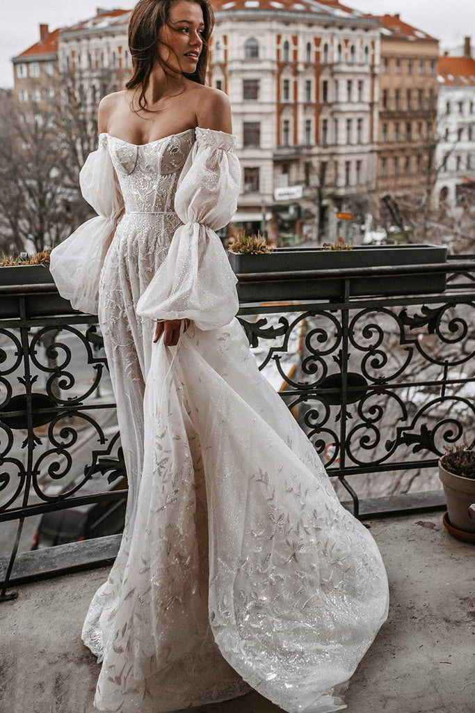 Charming A Line Tulle Ivory Long Sleeves Off the Shoulder Wedding Dresses, Boho Wedding Gowns OW0069