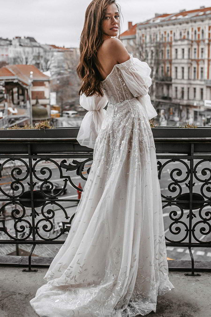 Charming A Line Tulle Ivory Long Sleeves Off the Shoulder Wedding Dresses, Boho Wedding Gowns OW0069