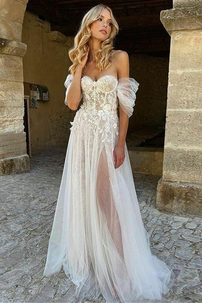 Princess A line Off the Shoulder Sweetheart Tulle Wedding Dresses with Lace Appliques OW0038