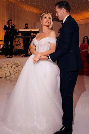 Unique A Line Off the Shoulder White V neck Tulle Beach Wedding Dress, Bridal Dresses OW0098