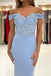 Charming Mermaid Off the Shoulder Blue Lace Sweetheart Prom Dresses, Bridesmaid Dress OM0206