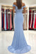 Charming Mermaid Off the Shoulder Blue Lace Sweetheart Prom Dresses, Bridesmaid Dress OM0206