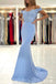 Charming Mermaid Off the Shoulder Blue Lace Sweetheart Prom Dresses, Bridesmaid Dress OM0206