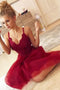 Cute A Line V Neck Spaghetti Straps Dark Red Short Homecoming Dresses with Lace PPD67