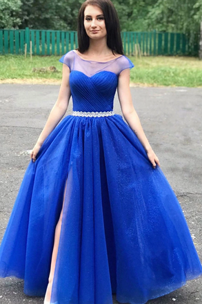 A-line Cap Sleeves Royal Blue Long Prom Dresses Beaded Evening Dresses PDR65