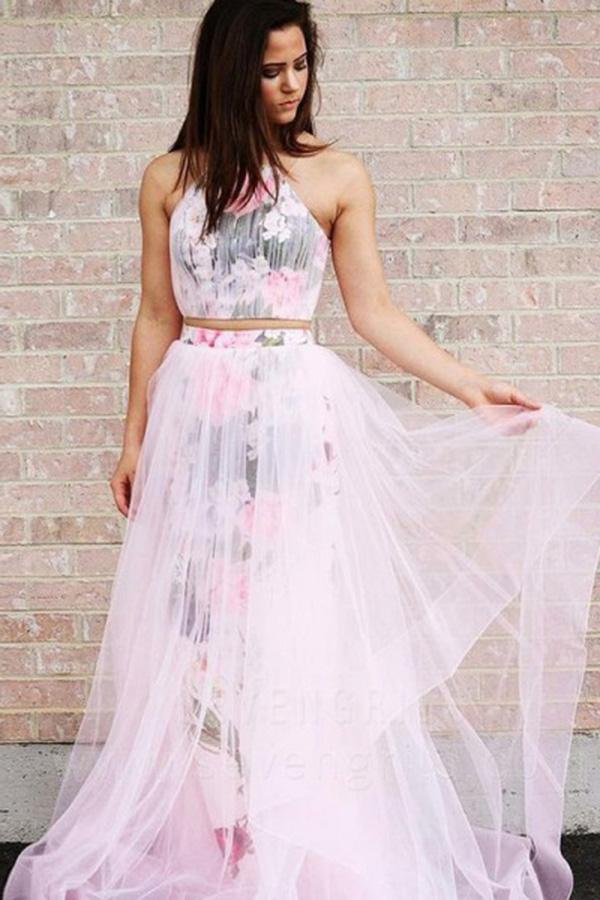 A Line Halter Sleeveless Floor Length Floral Pink Prom Dresses PDJ32