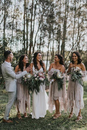 A-Line Off-the-Shoulder 3/4 Sleeves Asymmetry Blush Lace Bridesmaid Dress PDR94