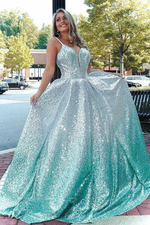 Ombre Sequin Green Deep V neck Spaghetti Straps Long Prom Dresses with Backless OM0074