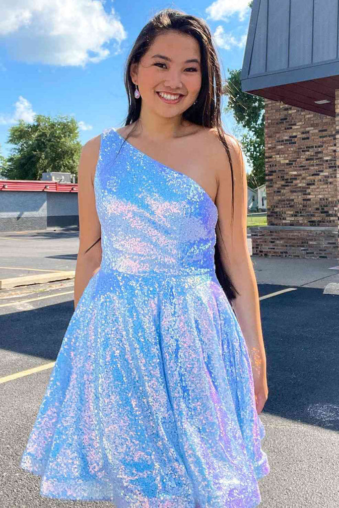 One Shoulder Blue Sequins Homecoming Dresses with Pockets, Short Party Dress OMH0235