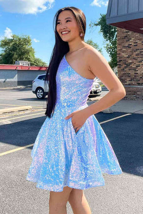 One Shoulder Blue Sequins Homecoming Dresses with Pockets, Short Party Dress OMH0235