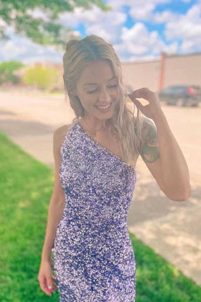 Glitter One Shoulder Mermaid Sequins Lavender Prom Dresses with Slit Evening Dresses OM0091