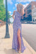 Glitter One Shoulder Mermaid Sequins Lavender Prom Dresses with Slit Evening Dresses OM0091