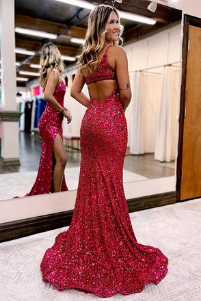Glitter Mermaid Burgundy One Shoulder Sequins Long Prom Dress With Open Back OM0353
