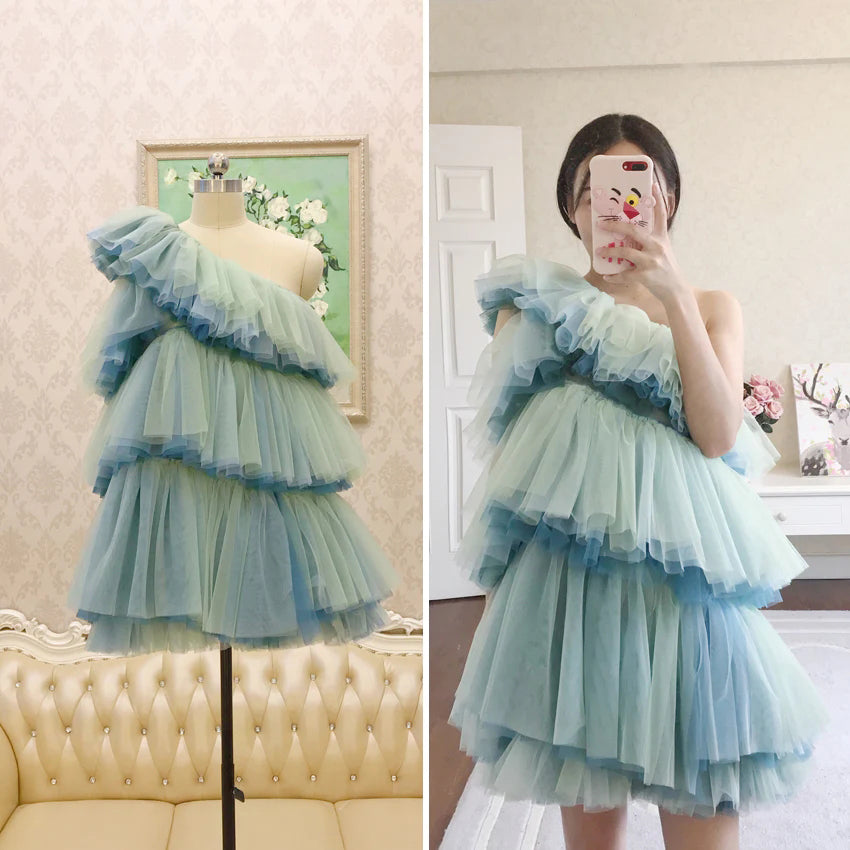 New Arrival One Shoulder Tulle Homecoming Dress, Short Layers Party Dress OMH0123