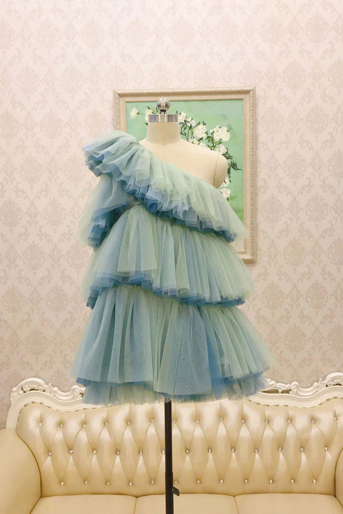 New Arrival One Shoulder Tulle Homecoming Dress, Short Layers Party Dress OMH0123