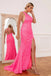 Clitter One Shoulder Mermaid Hot Pink Sequins Long Prom Dress with Slit, Evening Dress OM0262