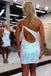 One Shoulder White Sequin Cutout Mini Party Dress, Sleeveless Homecoming Dresses OMH0221