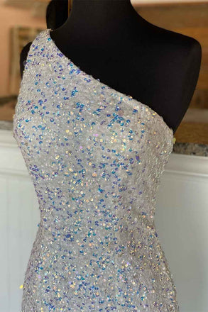 White Sequin One Shoulder Mermaid Prom Dresses with Slit, Long Party Dresses OM0270