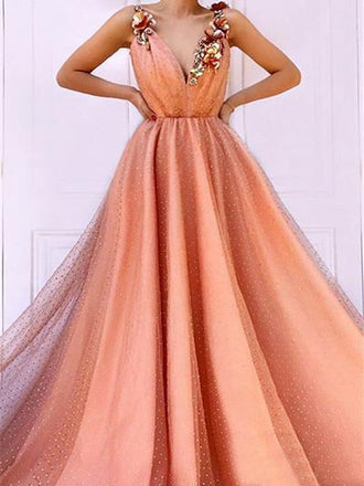 Orange 3D Flowers Long Prom Dresses V-neck Tulle Evening Dress PDO85